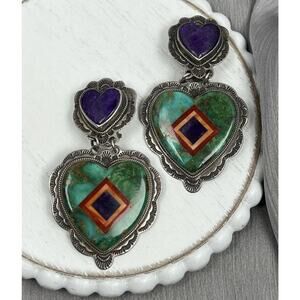Vintage Aldrich Sterling Silver Inaly Heart Dangle Earrings 32.60G / 2.3in